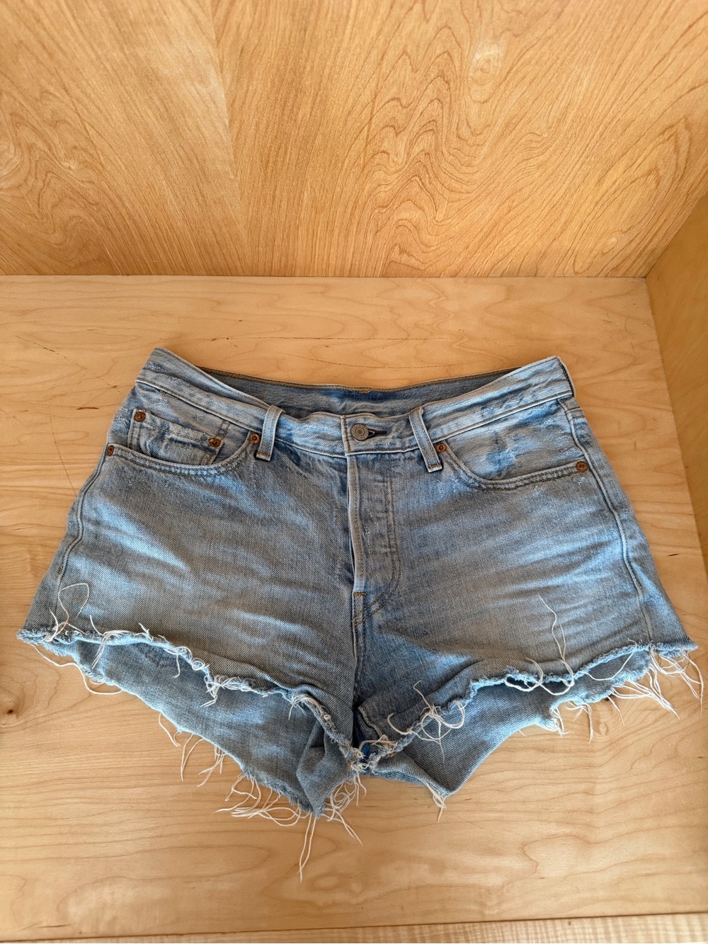 LEVI Light Blue Frayed Denim Cutoff Shorts